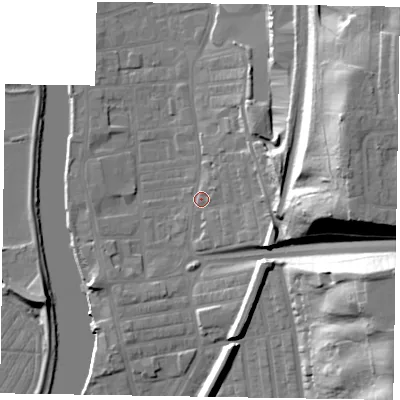 Shaded relief map of the ground around DN211JF, computed from Environment Agency LiDAR. The ground here sits at about 7 m above sea level and falls 36 m across the surrounding 800 m. Surface water reaching this point runs off ground lying to the east-north-east, 31.5 m higher.