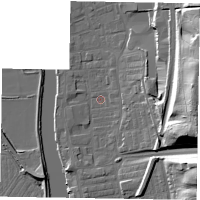 Shaded relief map of the ground around DN211JH, computed from Environment Agency LiDAR. The ground here sits at about 5 m above sea level and falls 36 m across the surrounding 800 m. Surface water reaching this point runs off ground lying to the east, 32.8 m higher.