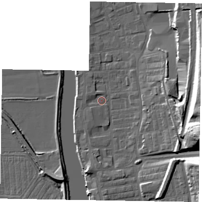 Shaded relief map of the ground around DN211JJ, computed from Environment Agency LiDAR. The ground here sits at about 5 m above sea level and falls 30 m across the surrounding 800 m. Surface water reaching this point runs off ground lying to the east-south-east, 26.9 m higher.