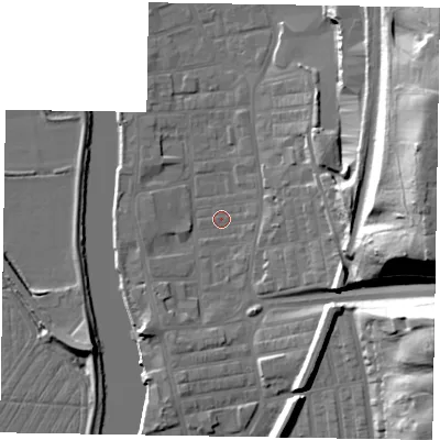 Shaded relief map of the ground around DN211JL, computed from Environment Agency LiDAR. The ground here sits at about 5 m above sea level and falls 36 m across the surrounding 800 m. Surface water reaching this point runs off ground lying to the east-north-east, 32.8 m higher.