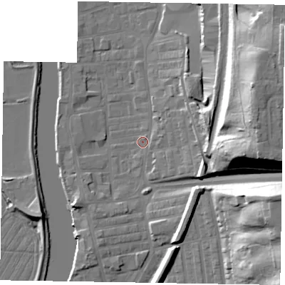 Shaded relief map of the ground around DN211JN, computed from Environment Agency LiDAR. The ground here sits at about 6 m above sea level and falls 36 m across the surrounding 800 m. Surface water reaching this point runs off ground lying to the east-north-east, 32.0 m higher.