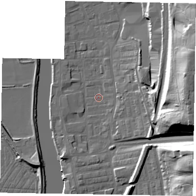 Shaded relief map of the ground around DN211JQ, computed from Environment Agency LiDAR. The ground here sits at about 5 m above sea level and falls 36 m across the surrounding 800 m. Surface water reaching this point runs off ground lying to the east-north-east, 32.8 m higher.
