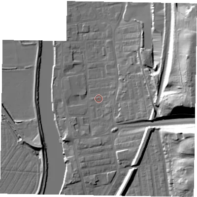 Shaded relief map of the ground around DN211JR, computed from Environment Agency LiDAR. The ground here sits at about 5 m above sea level and falls 36 m across the surrounding 800 m. Surface water reaching this point runs off ground lying to the east-north-east, 32.5 m higher.