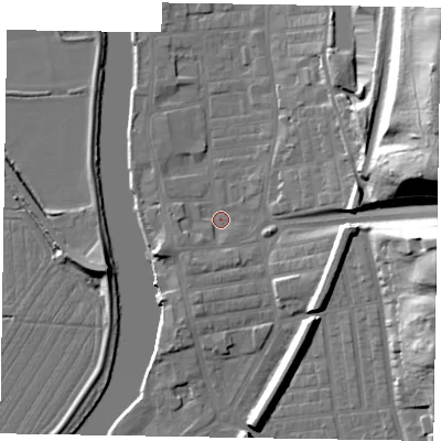 Shaded relief map of the ground around DN211JS, computed from Environment Agency LiDAR. The ground here sits at about 5 m above sea level and falls 36 m across the surrounding 800 m. Surface water reaching this point runs off ground lying to the east-north-east, 29.9 m higher.