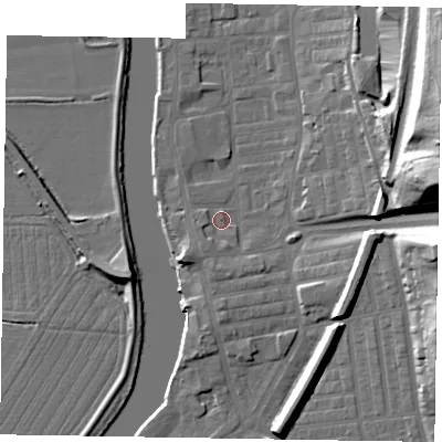 Shaded relief map of the ground around DN211JT, computed from Environment Agency LiDAR. The ground here sits at about 6 m above sea level and falls 32 m across the surrounding 800 m. Surface water reaching this point runs off ground lying to the east, 28.9 m higher.