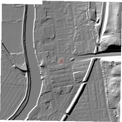 Shaded relief map of the ground around DN211JU, computed from Environment Agency LiDAR. The ground here sits at about 6 m above sea level and falls 36 m across the surrounding 800 m. Surface water reaching this point runs off ground lying to the west-south-west, 3.8 m higher.