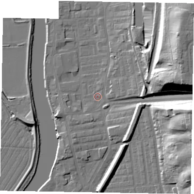 Shaded relief map of the ground around DN211JW, computed from Environment Agency LiDAR. The ground here sits at about 5 m above sea level and falls 36 m across the surrounding 800 m. Surface water reaching this point runs off ground lying to the east, 30.9 m higher.