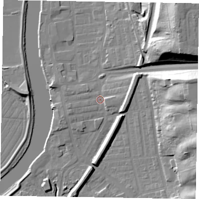 Shaded relief map of the ground around DN211JY, computed from Environment Agency LiDAR. The ground here sits at about 7 m above sea level and falls 35 m across the surrounding 800 m. Surface water reaching this point runs off ground lying to the west-south-west, 2.0 m higher.
