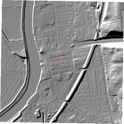 Shaded relief map of the ground around DN211JZ, computed from Environment Agency LiDAR. The ground here sits at about 7 m above sea level and falls 35 m across the surrounding 800 m. Surface water reaching this point runs off ground lying to the west-south-west, 1.5 m higher.