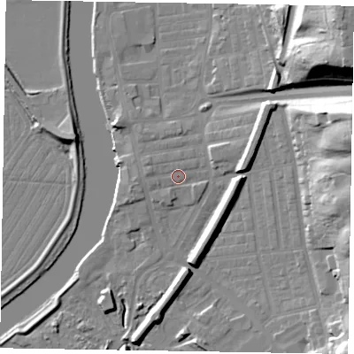 Shaded relief map of the ground around DN211LA, computed from Environment Agency LiDAR. The ground here sits at about 7 m above sea level and falls 35 m across the surrounding 800 m. Surface water reaching this point runs off ground lying to the west-south-west, 1.4 m higher.