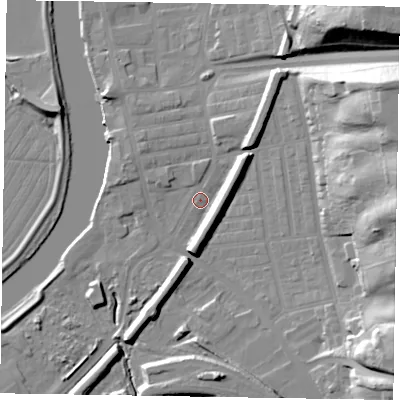 Shaded relief map of the ground around DN211LB, computed from Environment Agency LiDAR. The ground here sits at about 6 m above sea level and falls 34 m across the surrounding 800 m. Surface water reaching this point runs off ground lying to the east-north-east, 31.2 m higher.