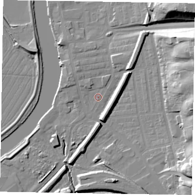 Shaded relief map of the ground around DN211LD, computed from Environment Agency LiDAR. The ground here sits at about 6 m above sea level and falls 34 m across the surrounding 800 m. Surface water reaching this point runs off ground lying to the east-north-east, 31.2 m higher.