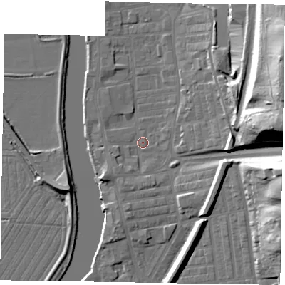 Shaded relief map of the ground around DN211LE, computed from Environment Agency LiDAR. The ground here sits at about 5 m above sea level and falls 36 m across the surrounding 800 m. Surface water reaching this point runs off ground lying to the east-north-east, 32.5 m higher.