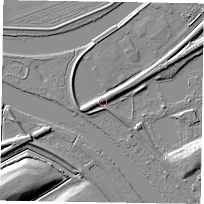 Shaded relief map of the ground around DN211LG, computed from Environment Agency LiDAR. The ground here sits at about 9 m above sea level and falls 17 m across the surrounding 800 m. Surface water reaching this point runs off ground lying to the west-north-west, 6.2 m higher.