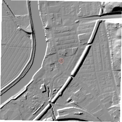 Shaded relief map of the ground around DN211LH, computed from Environment Agency LiDAR. The ground here sits at about 6 m above sea level and falls 33 m across the surrounding 800 m. Surface water reaching this point runs off ground lying to the north-west, 3.0 m higher.