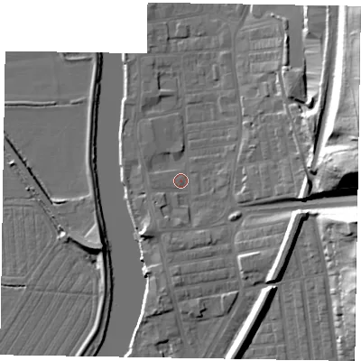 Shaded relief map of the ground around DN211LJ, computed from Environment Agency LiDAR. The ground here sits at about 5 m above sea level and falls 32 m across the surrounding 800 m. Surface water reaching this point runs off ground lying to the east, 29.3 m higher.