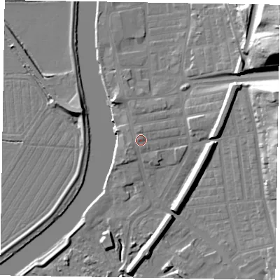 Shaded relief map of the ground around DN211LL, computed from Environment Agency LiDAR. The ground here sits at about 8 m above sea level and falls 32 m across the surrounding 800 m. Surface water reaching this point runs off ground lying to the west, 1.1 m higher.