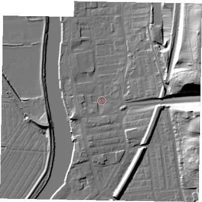 Shaded relief map of the ground around DN211LN, computed from Environment Agency LiDAR. The ground here sits at about 5 m above sea level and falls 36 m across the surrounding 800 m. Surface water reaching this point runs off ground lying to the east-north-east, 29.9 m higher.