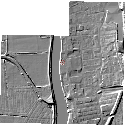 Shaded relief map of the ground around DN211LP, computed from Environment Agency LiDAR. The ground here sits at about 6 m above sea level and falls 15 m across the surrounding 800 m. Surface water reaching this point runs off ground lying to the south-south-west, 5.2 m higher.
