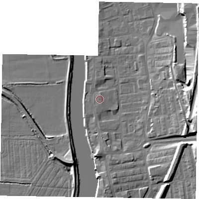 Shaded relief map of the ground around DN211LR, computed from Environment Agency LiDAR. The ground here sits at about 6 m above sea level and falls 21 m across the surrounding 800 m. The ground contributing surface water to this point lies to the south-south-west.