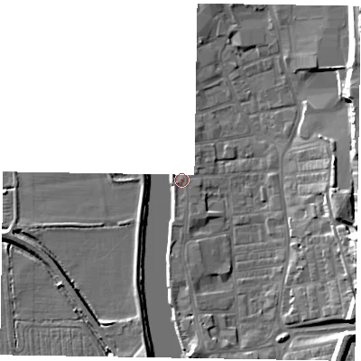Shaded relief map of the ground around DN211LS, computed from Environment Agency LiDAR. The ground here sits at about 6 m above sea level and falls 16 m across the surrounding 800 m. Surface water reaching this point runs off ground lying to the south, 4.7 m higher.