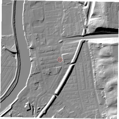Shaded relief map of the ground around DN211LZ, computed from Environment Agency LiDAR. The ground here sits at about 7 m above sea level and falls 35 m across the surrounding 800 m. Surface water reaching this point runs off ground lying to the west-south-west, 1.7 m higher.