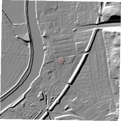 Shaded relief map of the ground around DN211ND, computed from Environment Agency LiDAR. The ground here sits at about 7 m above sea level and falls 35 m across the surrounding 800 m. Surface water reaching this point runs off ground lying to the north-west, 1.2 m higher.
