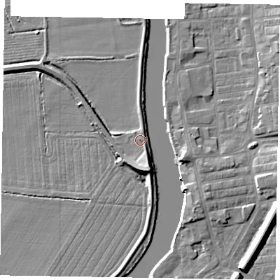 Shaded relief map of the ground around DN211NE, computed from Environment Agency LiDAR. The ground here sits at about 5 m above sea level and falls 11 m across the surrounding 800 m. Surface water reaching this point runs off ground lying to the south-south-east, 4.8 m higher.