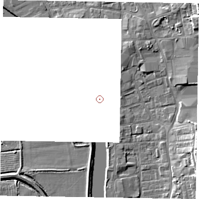 Shaded relief map of the ground around DN212AE, computed from Environment Agency LiDAR. and falls 15 m across the surrounding 800 m.