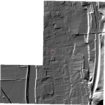 Shaded relief map of the ground around DN212AJ, computed from Environment Agency LiDAR. The ground here sits at about 5 m above sea level and falls 32 m across the surrounding 800 m. Surface water reaching this point runs off ground lying to the east, 23.8 m higher.