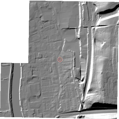Shaded relief map of the ground around DN212AL, computed from Environment Agency LiDAR. The ground here sits at about 7 m above sea level and falls 34 m across the surrounding 800 m. Surface water reaching this point runs off ground lying to the east-south-east, 6.2 m higher.