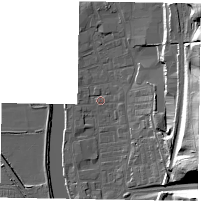 Shaded relief map of the ground around DN212AN, computed from Environment Agency LiDAR. The ground here sits at about 5 m above sea level and falls 33 m across the surrounding 800 m. Surface water reaching this point runs off ground lying to the east-south-east, 31.1 m higher.