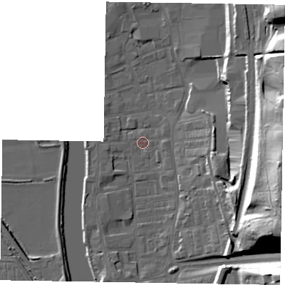 Shaded relief map of the ground around DN212AP, computed from Environment Agency LiDAR. The ground here sits at about 5 m above sea level and falls 35 m across the surrounding 800 m. Surface water reaching this point runs off ground lying to the east, 32.8 m higher.