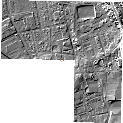 Shaded relief map of the ground around DN212AR, computed from Environment Agency LiDAR. The ground here sits at about 6 m above sea level and falls 19 m across the surrounding 800 m. Surface water reaching this point runs off ground lying to the east-north-east, 0.7 m higher.