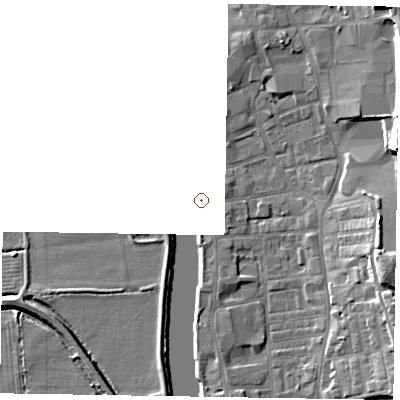 Shaded relief map of the ground around DN212AS, computed from Environment Agency LiDAR. and falls 14 m across the surrounding 800 m.