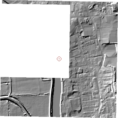 Shaded relief map of the ground around DN212AT, computed from Environment Agency LiDAR. and falls 14 m across the surrounding 800 m.