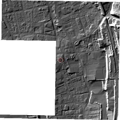 Shaded relief map of the ground around DN212BP, computed from Environment Agency LiDAR. The ground here sits at about 8 m above sea level and falls 23 m across the surrounding 800 m. Surface water reaching this point runs off ground lying to the north-north-east, 1.1 m higher.