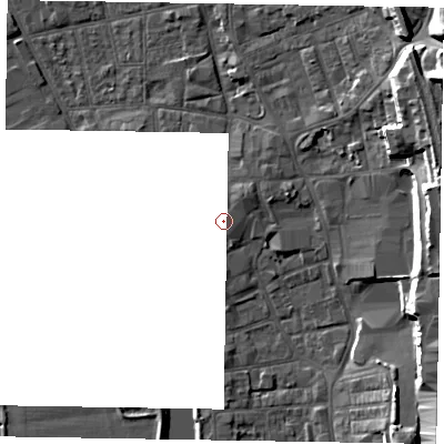 Shaded relief map of the ground around DN212BU, computed from Environment Agency LiDAR. The ground here sits at about 7 m above sea level and falls 21 m across the surrounding 800 m. Surface water reaching this point runs off ground lying to the north-east, 1.6 m higher.