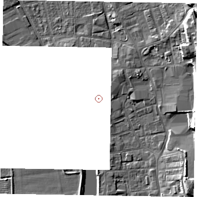 Shaded relief map of the ground around DN212DT, computed from Environment Agency LiDAR. and falls 16 m across the surrounding 800 m.