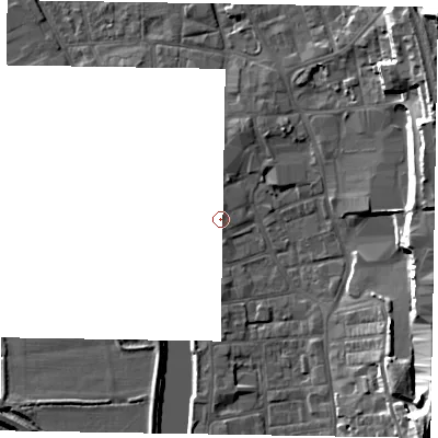 Shaded relief map of the ground around DN212DY, computed from Environment Agency LiDAR. The ground here sits at about 6 m above sea level and falls 22 m across the surrounding 800 m. Surface water reaching this point runs off ground lying to the north, 0.5 m higher.