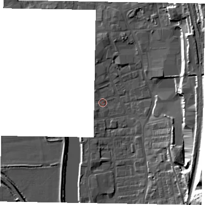 Shaded relief map of the ground around DN212DZ, computed from Environment Agency LiDAR. The ground here sits at about 5 m above sea level and falls 27 m across the surrounding 800 m. Surface water reaching this point runs off ground lying to the south-west, 1.1 m higher.