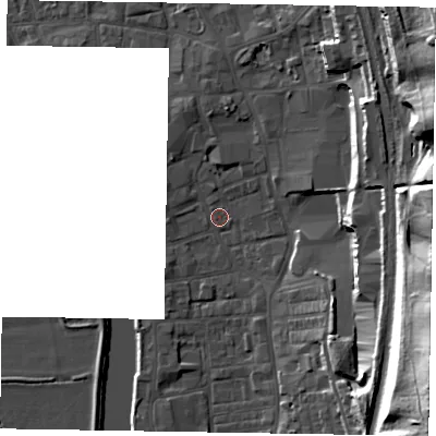 Shaded relief map of the ground around DN212EA, computed from Environment Agency LiDAR. The ground here sits at about 5 m above sea level and falls 34 m across the surrounding 800 m. Surface water reaching this point runs off ground lying to the north-east, 14.2 m higher.