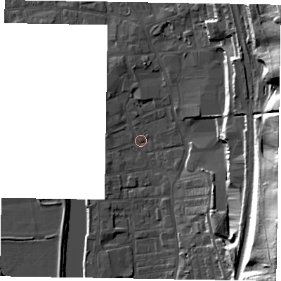 Shaded relief map of the ground around DN212EE, computed from Environment Agency LiDAR. The ground here sits at about 5 m above sea level and falls 35 m across the surrounding 800 m. Surface water reaching this point runs off ground lying to the north-east, 14.2 m higher.