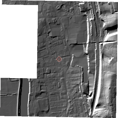 Shaded relief map of the ground around DN212EG, computed from Environment Agency LiDAR. The ground here sits at about 5 m above sea level and falls 34 m across the surrounding 800 m. Surface water reaching this point runs off ground lying to the north-east, 31.6 m higher.