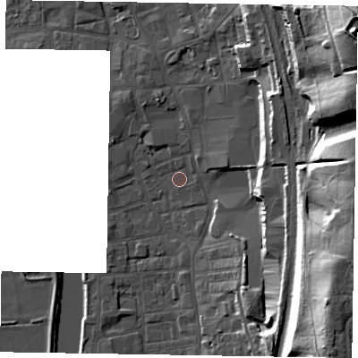 Shaded relief map of the ground around DN212EL, computed from Environment Agency LiDAR. The ground here sits at about 6 m above sea level and falls 36 m across the surrounding 800 m. Surface water reaching this point runs off ground lying to the east-north-east, 4.8 m higher.