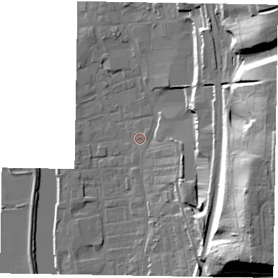 Shaded relief map of the ground around DN212EQ, computed from Environment Agency LiDAR. The ground here sits at about 6 m above sea level and falls 34 m across the surrounding 800 m. Surface water reaching this point runs off ground lying to the south-south-east, 1.0 m higher.