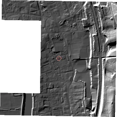 Shaded relief map of the ground around DN212EW, computed from Environment Agency LiDAR. The ground here sits at about 6 m above sea level and falls 34 m across the surrounding 800 m. Surface water reaching this point runs off ground lying to the east-north-east, 13.4 m higher.