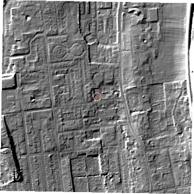 Shaded relief map of the ground around DN212FE, computed from Environment Agency LiDAR. The ground here sits at about 5 m above sea level and falls 15 m across the surrounding 800 m. Surface water reaching this point runs off ground lying to the west, 5.7 m higher.