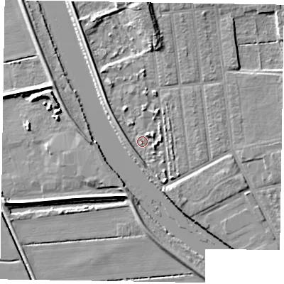 Shaded relief map of the ground around DN212FH, computed from Environment Agency LiDAR. The ground here sits at about 5 m above sea level and falls 9 m across the surrounding 800 m. Surface water reaching this point runs off ground lying to the south, 2.0 m higher.