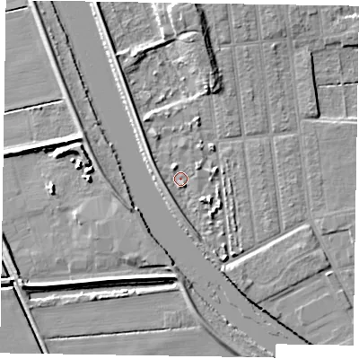 Shaded relief map of the ground around DN212FJ, computed from Environment Agency LiDAR. The ground here sits at about 5 m above sea level and falls 9 m across the surrounding 800 m. Surface water reaching this point runs off ground lying to the south-south-east, 2.0 m higher.